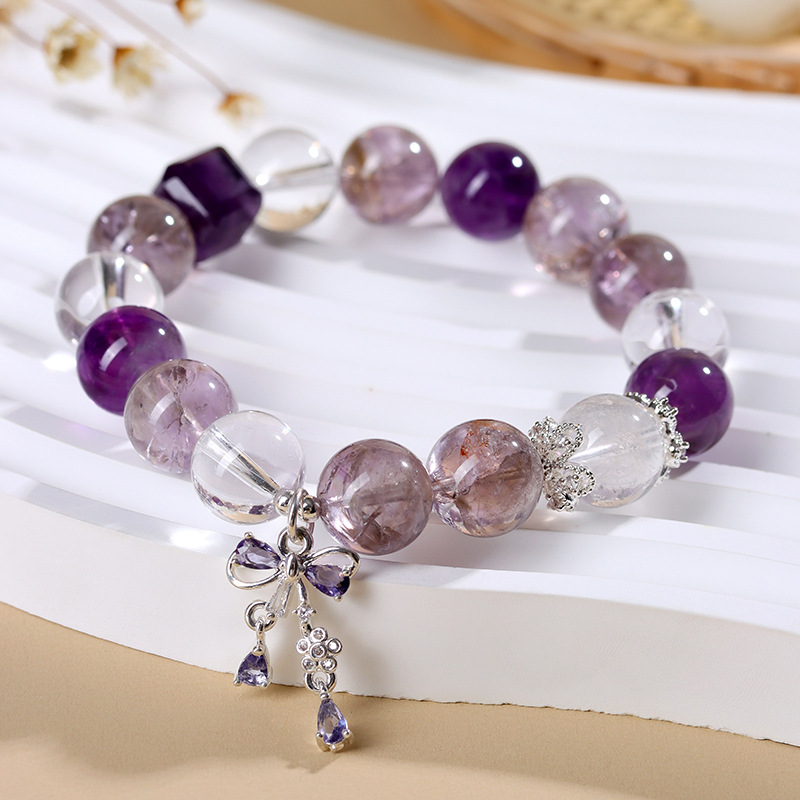 Natural Amethyst - Purple Tower Crystal and Clear Quartz Bracelet