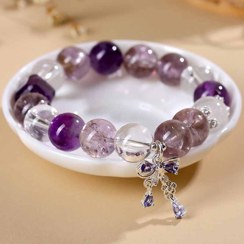 Natural Amethyst - Purple Tower Crystal and Clear Quartz Bracelet