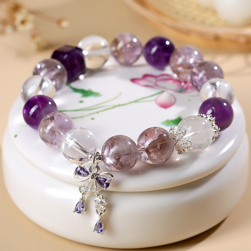 Natural Amethyst - Purple Tower Crystal and Clear Quartz Bracelet