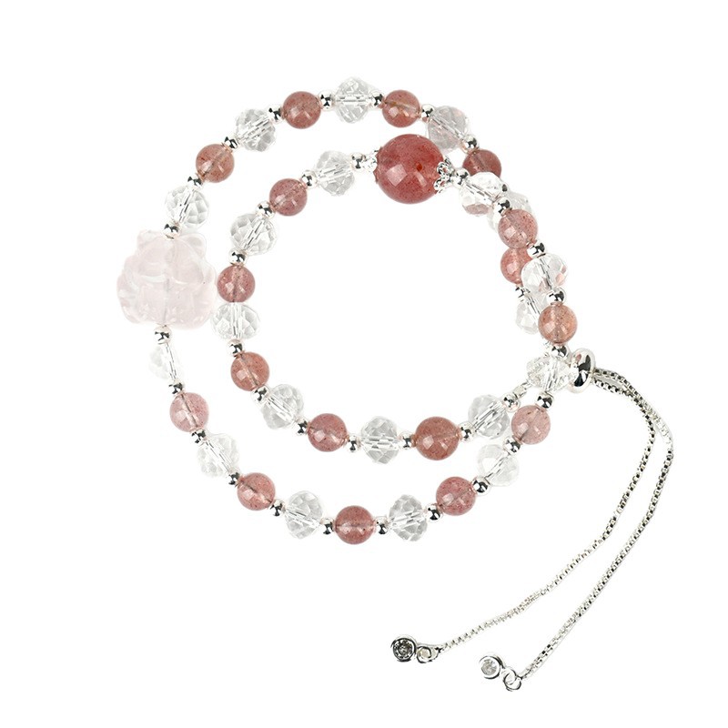 Fashionable Double-Strand Bracelet with Strawberry Quartz and White Quartz