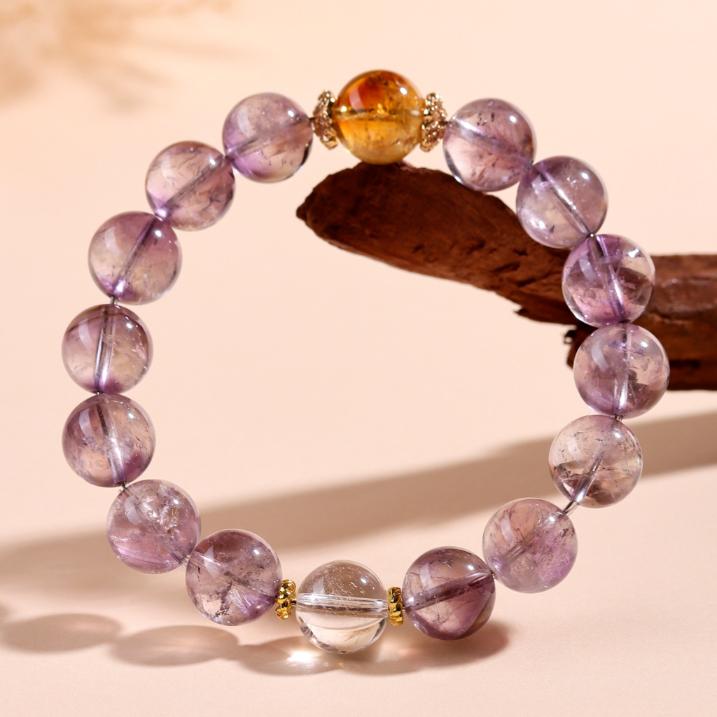 Natural Amethyst Citrine Round Bead Bracelet