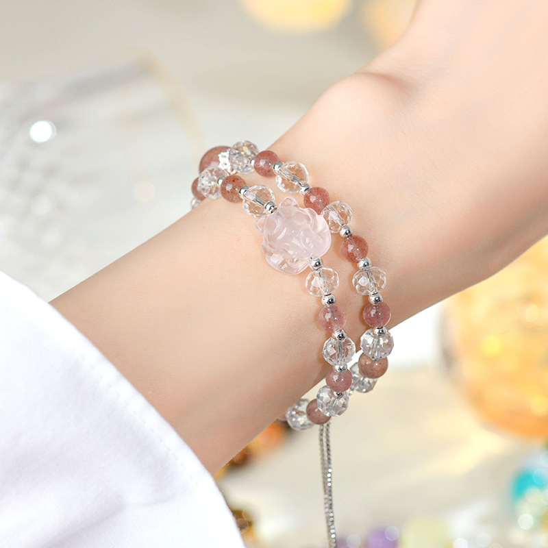 Fashionable Double-Strand Bracelet with Strawberry Quartz and White Quartz
