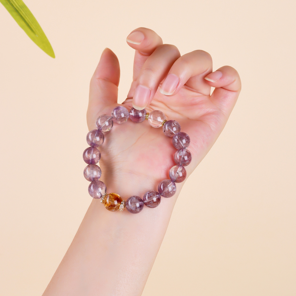 Natural Amethyst Citrine Round Bead Bracelet