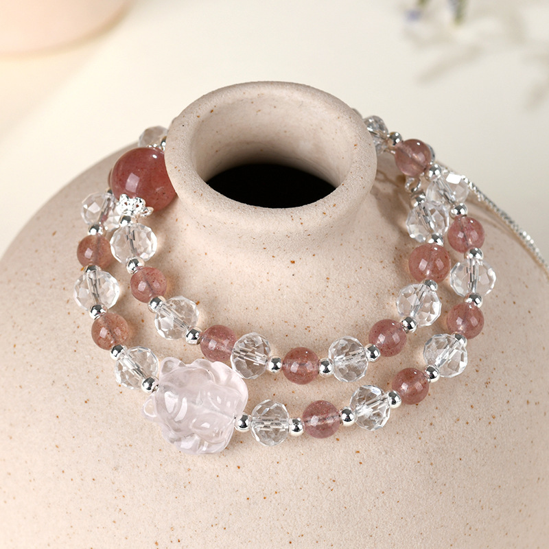 Fashionable Double-Strand Bracelet with Strawberry Quartz and White Quartz