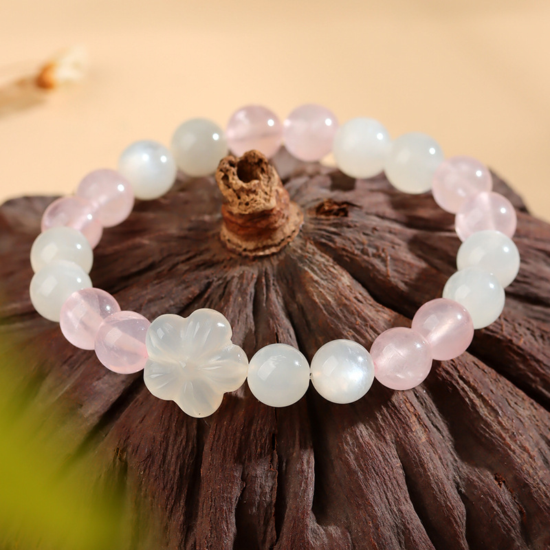 Natural Pink Bracelet with White Agate and Peach Blossom